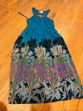 Moulinette‎ Soeurs Teal Maxi Dress with Multicolor Floral Border